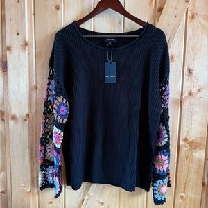 Black Sweater with Colorful Crochet Sleeves